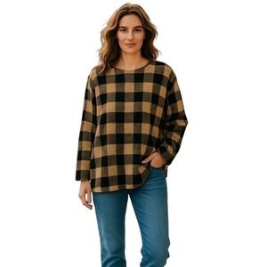 J. Jill‎ Long Sleeve Buffalo Check Plaid Hi-Low Tunic Top Black/Camel Size L